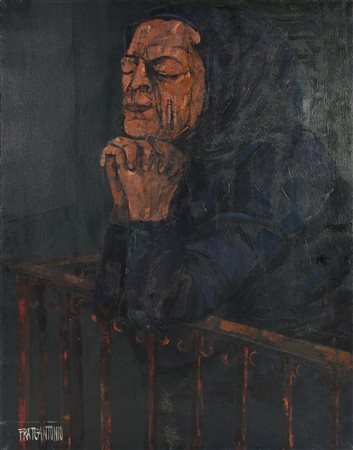 Corrado Frateantonio DONNA AL BALCONE olio su tela, cm 80x60 firma sul retro:...