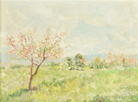 Sergio Cominetti FIORITURA A RIVALTA, 1978 olio su masonite, cm 30x40 firma...