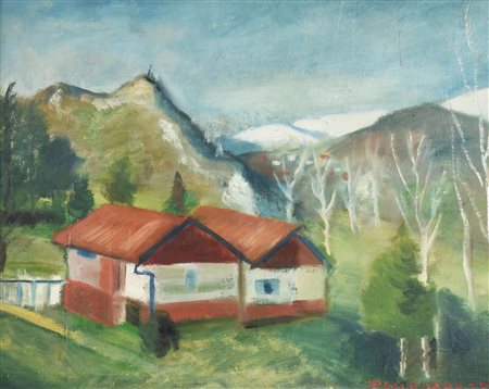 Cesare Rosingana PAESAGGIO CON CASE, 1977 olio su cartone, cm 35x45 firma sul...