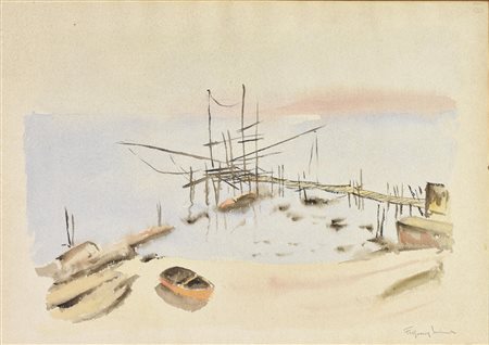 Luciano Fregonara PORTICCIOLO acquarello su cartoncino, cm 38x55 firma