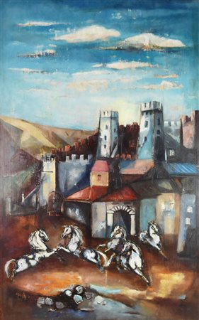 Piero Garino CASTELLO E CAVALLI olio su tavola, cm 130x75 firma L'opera e'...