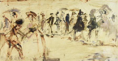 Piero Garino PASSEGGIATA AI GIARDINI olio magro su cartoncino, cm 35x69...