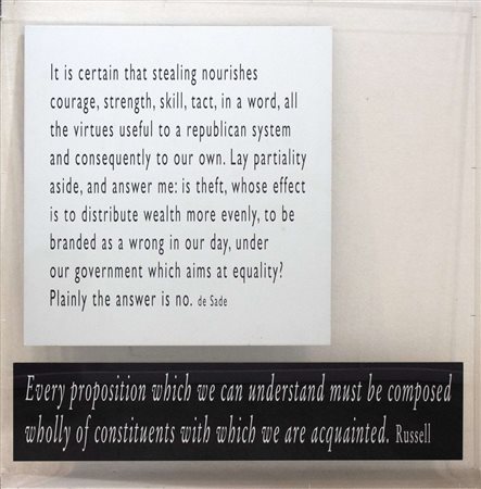 Joseph Kosuth, One+Nine, a Re-text #9, 2003, lastra in acciaio in teca di...