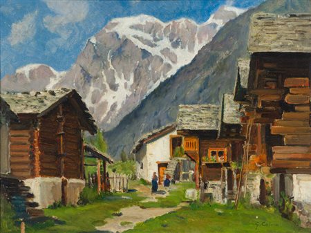 GIOVANNI COLMO<BR>Torino 1867 - 1947<BR>"Paese montano con baite"