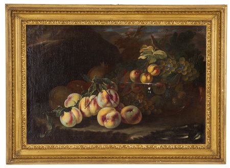 BARTOLOMEO CASTELLI SPADINO IL GIOVANE. Painting "STILL LIFE WITH FRUITS IN A GLASS TANK AND OTHER FRUITS PLACED ON THE GROUND"