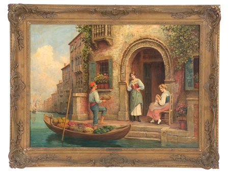 ARTHUR TREVOR HADDON. Painting "GREEN SELLER AND YOUNG GIRLS IN THE LAGOON"