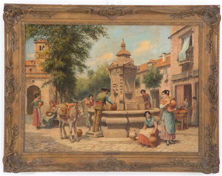 ARTHUR TREVOR HADDON. Painting "PIAZZETTA WITH FOUNTAIN AND CHARACTERS"