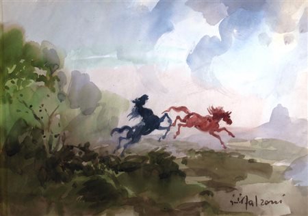 FALZONI GIULIO (Marmirolo 1900 - Milano 1978) "L'ostacolo" Acquerello su...