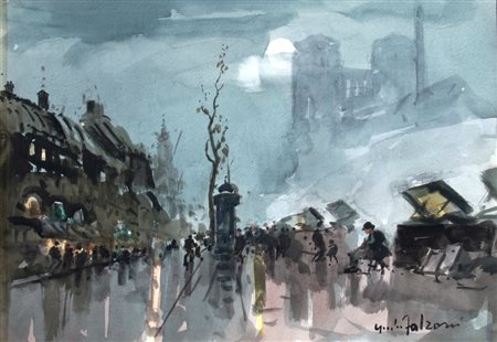 FALZONI GIULIO (Marmirolo 1900 - Milano 1978) "Parigi di sera" Acquerello su...