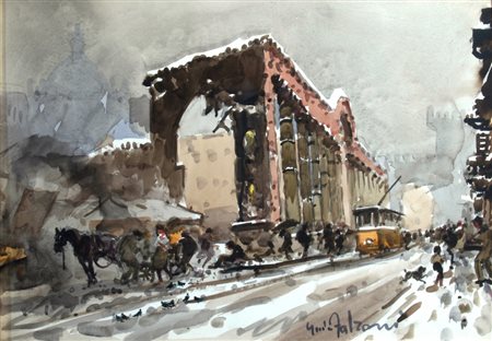 FALZONI GIULIO (Marmirolo 1900 - Milano 1978) "Vecchia Milano" Acquerello su...