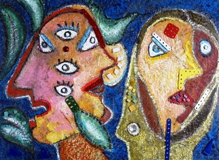 BAJ ENRICO (Milano 1924 - Varese 2003) "Coppia" 1998 Olio, collage e tecnica...