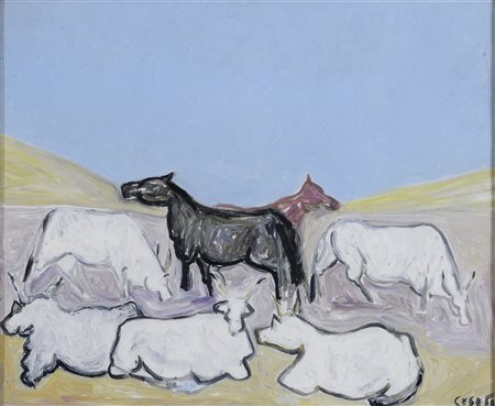 DIPINTO CAVALLI E BUOI DI GIUSEPPE CESETTI