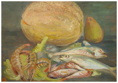 SANTI MACCHIA Pisa 1884 – 1964 Pesci, popone e pera Olio su cartone 24 x...