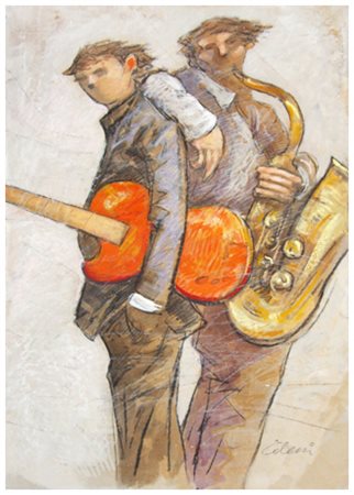 GIAMPAOLO TALANI San Vincenzo 1955 Due musicisti 2014 T.m. su cartone 50 x...