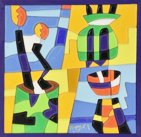 Ugo Nespolo (1941) 4 VASI acrilico su legno, cm 20x20x4,5 firma sul retro:...