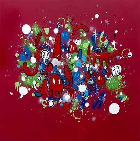 Willow, Movimenti su fondo rosso, 2023, smalto su tela, 50x50 cm, autentica a...