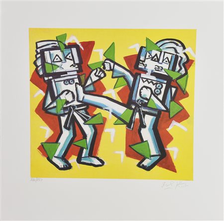 Ibrahim Kodra (1918 - 2006) KARATE litografia, cm 55x50; es.146/150 firma e...