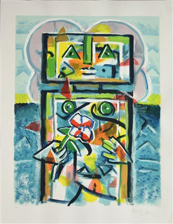 Ibrahim Kodra (1918 - 2006) LE DIEDI UNA ROSA serigrafia, cm 82x60; es. P.A....