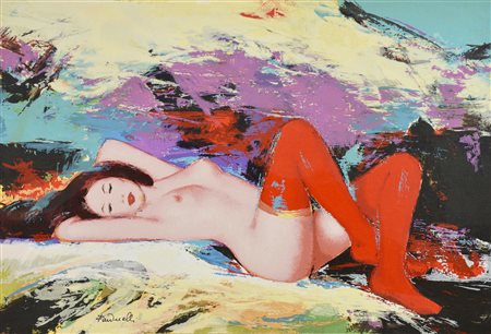 Ezio Farinelli NUDO IN POSA serigrafia ritoccata a mano su tela applicata su...