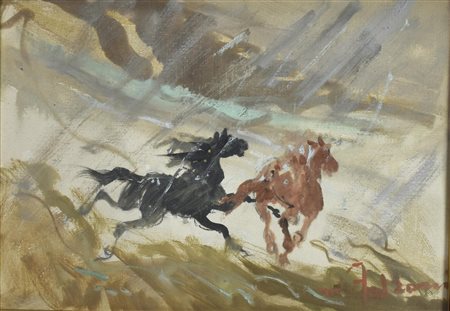 Giulio Falzoni CAVALLI NELLA BUFERA olio su cartone telato, cm 35x50 firma...