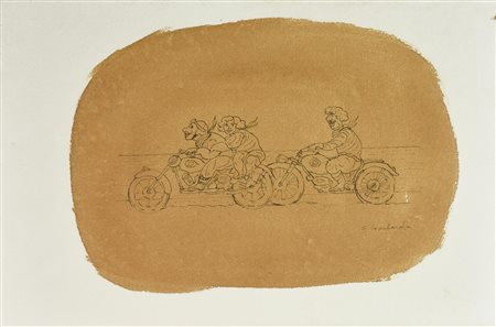 Salvo Lombardo MOTOCICLISTI tecnica mista su carta, cm 35x50 firma...