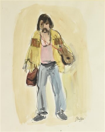 Leonardo Stroppa UOMO CON MANDOLINO acquerello su carta, cm 47x36 firma sul...