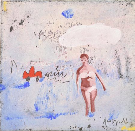 Luca Giovagnoli BAGNANTE, 2007 tecnica mista su tela di juta, cm 30x30 firma...