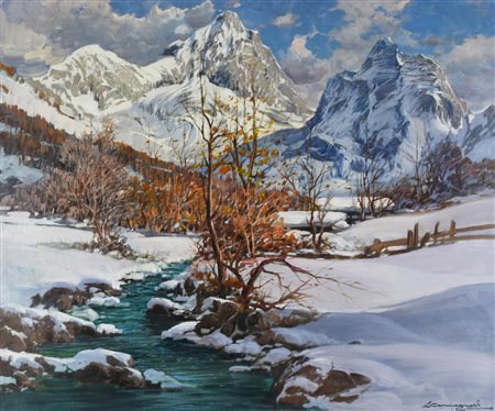 Licinio Campagnari NEVICATA IN VAL D'AOSTA olio su tela, cm 62x72 firma sul...