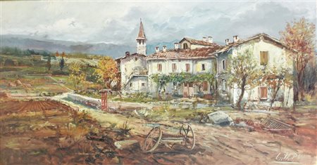 Pietro Virgilio Lietti PAESAGGIO CON CASCINA olio su tela, cm 60x120 firma...