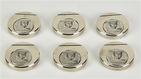 Bruno Cassinari SEGNAPOSTI metallo, diam. cm 4x0,5 ciascuno firma impressa (6)