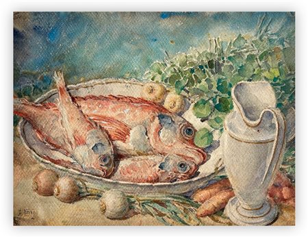 A. VEYRE - Senza Titolo (Natutra morta con pesci e brocca)