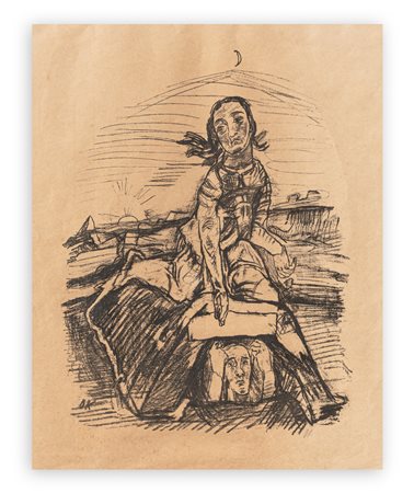 OSKAR KOKOSCHKA (1886-1980) - Senza Titolo (L'uomo alza la testa dalla tomba su cui siede la donna)