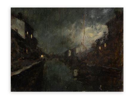 ACHILLE CATTANEO (1872-1932) - Naviglio S. Cristoforo di notte - Milano