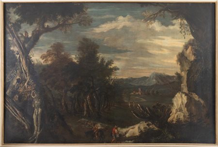Maestro tra XVII e XVIII secolo, Paesaggio con personaggi e torre.