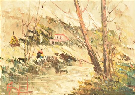 Ignoto PAESAGGIO FLUVIALE olio su faesite, cm 30x40 firma