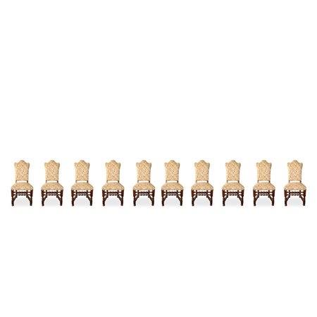 Numero 10 sedie con spalliera sagomata piedi a rocchetto , fine 19° secolo