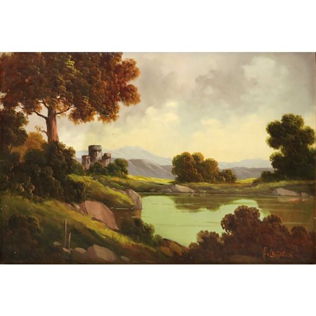 Paesaggio lacustre con alberi e castello arroccato