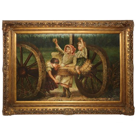 Tre bambini su ruote di carro