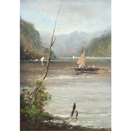 Francesco Mancini Lord (Napoli 19/01/1830-Napoli 1905)  - Paesaggio lagunare con barca, nineteen° century