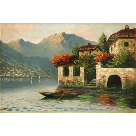 Valter Paggiola (1930)  - Paesaggio montano con casa e barche