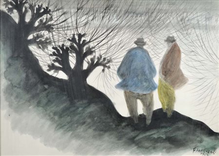 FIORAVANTI ERVARDO Calto 1912 - Ferrara 1996 Lungo il Po 1960 tecnica mista...