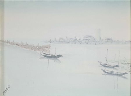 ALZETTA MANLIO Venezia 1920 Paesaggio lagunare 1971 olio su cartone telato...