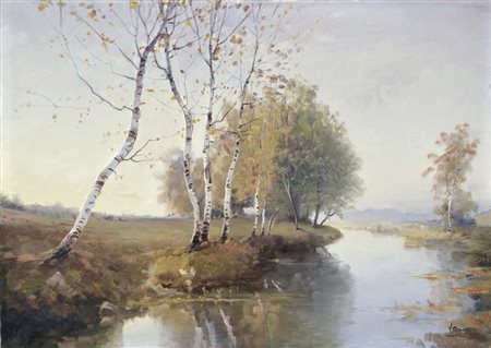 BUTTOLO GIOVANNI Treviso Veduta di Monfumo olio su tela 50x70 firma (Vanni)...