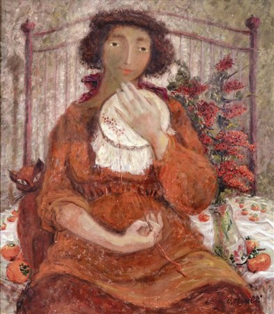 MANELLI LUCIANA Pinarolo Po 1946 Figura olio su cartone 80x70 firma in basso...