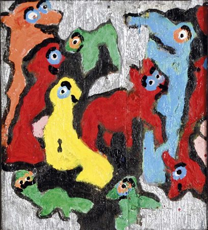 MONTINI GIANFRANCO Ostiano (Cr) 1954 Gente al mercato olio su tavola 20x18