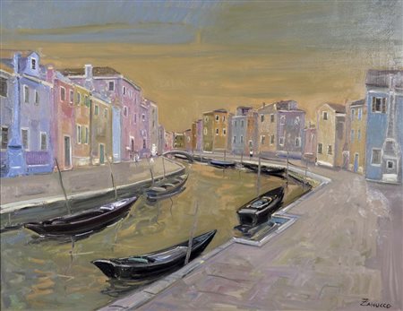 ZANUCCO PAOLO Venezia 1964 Verso sera a Burano olio su tela 70x90 firma in...