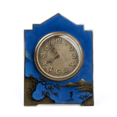 Hardy Brothers: Orologio da tavolo Art Déco in argento e smalti. Import Londra, 1928