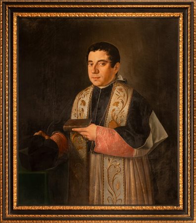 Ritratto di giovane vescovo in antica cornice Salvator Rosa intagliata, ebanizzata e dorata   Pittore dell'Italia meridionale della seconda metà del XIX secolo