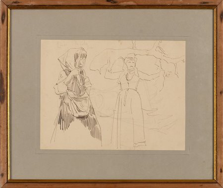 Due chine su carta raccolte in elegante passepartout e cornice a più modanature raffiguranti "la confessione del monaco" e "uomo con cappello che sale un gradino"   Anonimo del XX secolo