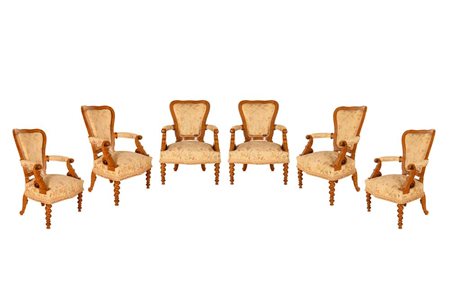 Sei poltrone biedermeier in radica di tuia filettate in acero   